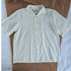 VTG Christie‎ & Jill Ivory Embroidered Short Sleeve Pearl Button Blouse Women 12